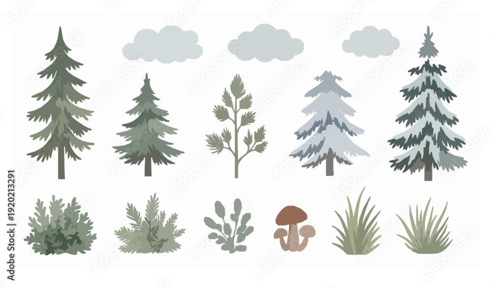 Fototapeta premium Watercolor woodland forest set with snowy trees plants and clouds in nordic style