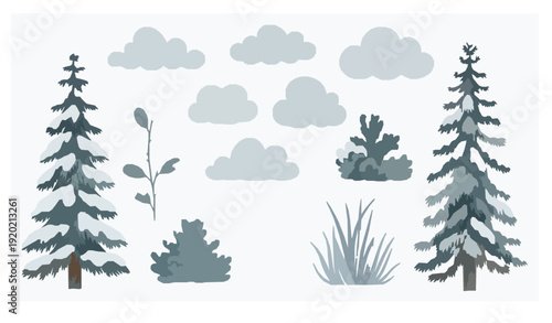 Fairy nordic watercolor forest illustration pack with snowy trees and plants