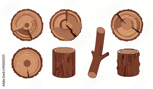 Wood log cross section and bark texture flat vector icon collection