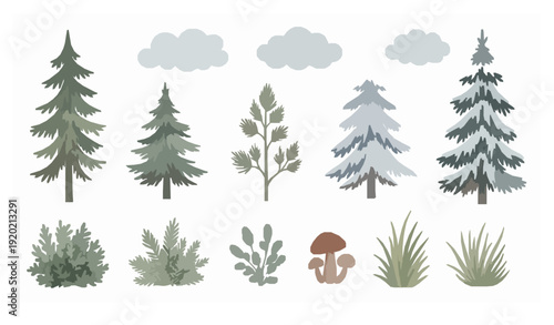 Watercolor woodland forest set with snowy trees plants and clouds in nordic style