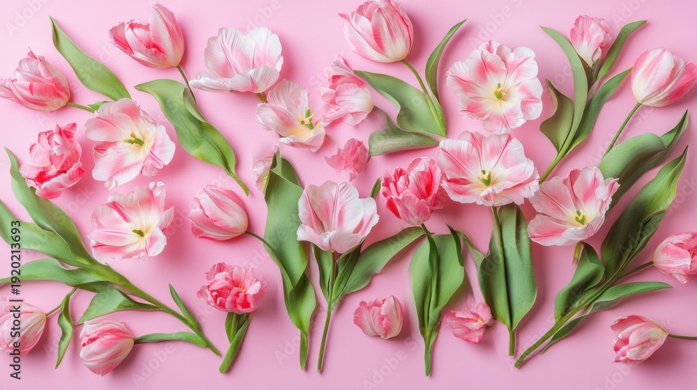 Obraz premium Pastel Petals: A Delicate Array of Pink Tulips on a Soft Backdrop