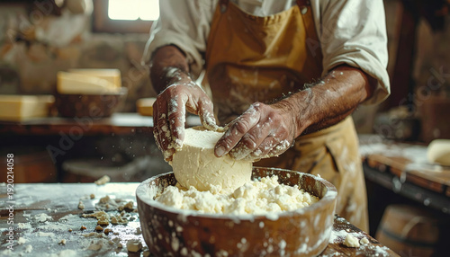 Mani artigiane che lavorano la cagliata fresca per produrre formaggio tipico in un caseificio tradizionale. Generative AI 
