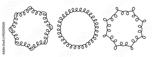 Round doodle frame, hand-drawn wavy curly engagement monograms. Edgings and cadres simple circular scribble swirl design, editable one line decoration old-fashioned greeting elements. Editable stroke