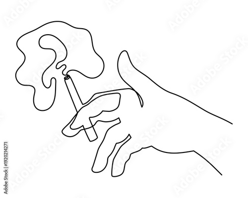 Hand holds smoking cigarette one line art, hand drawn severe nicotine addiction concept continuous drawing contour. Tobacco use harmful, unhealthy habit health hazard. Editable stroke. Isolated. 