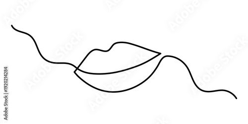 Lips one line art, hand drawn smiling woman mouth continuous contour. Attractive girl, beauty decorative make up lipstick concept. Editable stroke. Isolated. Vector illustration