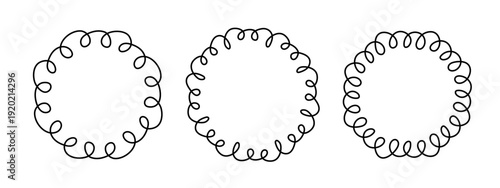 Round doodle frame, hand-drawn wavy curly engagement monograms. Edgings and cadres simple circular scribble swirl design, editable one line decoration old-fashioned greeting elements. Editable stroke