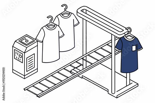 Isometric illustration of a retail checkout with clothing items on a conveyor belt high quality professional