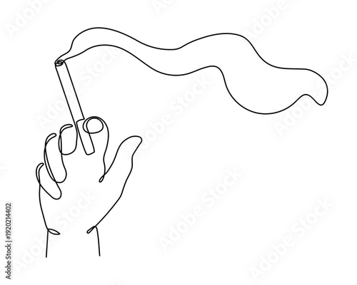 Hand holds smoking cigarette one line art, hand drawn severe nicotine addiction concept continuous drawing contour. Tobacco use harmful, unhealthy habit health hazard. Editable stroke. Isolated. 