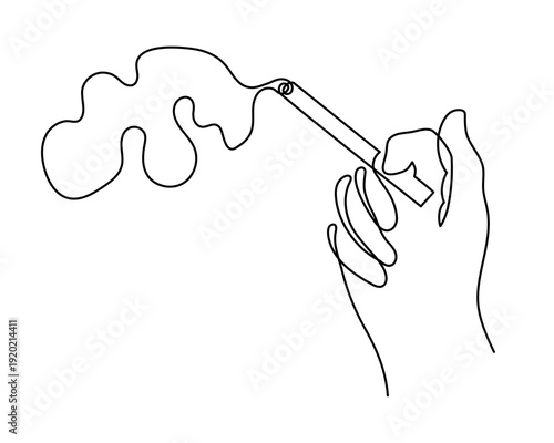 Hand holds smoking cigarette one line art, hand drawn severe nicotine addiction concept continuous drawing contour. Tobacco use harmful, unhealthy habit health hazard. Editable stroke. Isolated. 