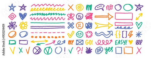 colored doodle design elements, charcoal hand drawn pencil drawn marks and elements. drawing thin texture frames, stars, lines