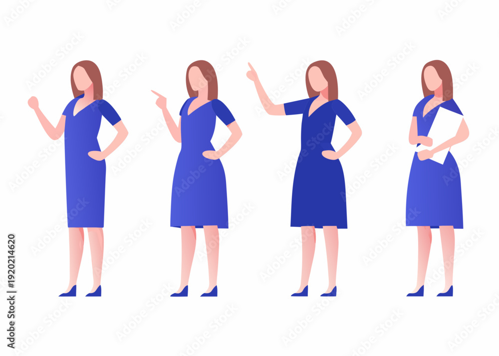 Fototapeta premium Four women in blue dresses displaying various gestures and poses