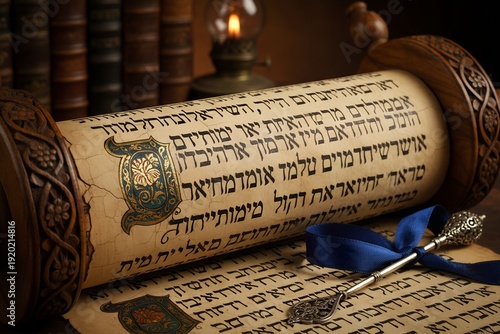 Ornate Hebrew Torah Scroll Close Up with Decorative Script and Ritual Pointer