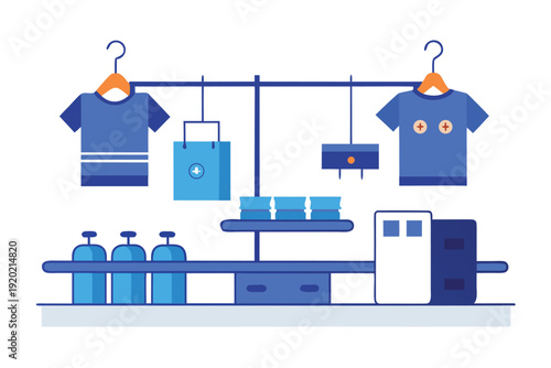 A colorful illustration depicts a clothing store display with shirts bags and retail items high quality