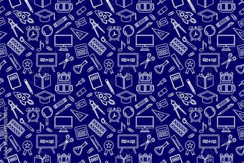 School equipment stationery pattern. School supplies seamless pattern. School attributes seamless pattern. Student accessories repeat background. Back to school banner design. Education doodle pattern