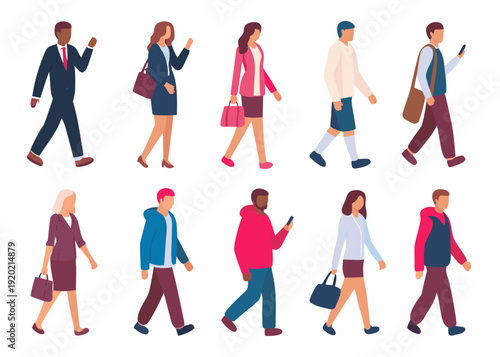 Diverse group of people walking using phones and commuting