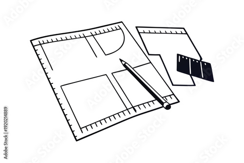 A black and white illustration depicting film storyboard elements with a pencil and ruler high quality
