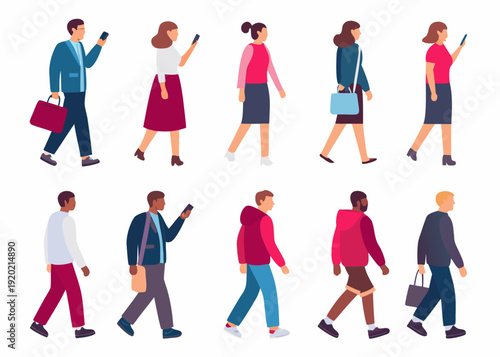 Diverse group of people walking and using smartphones in a city