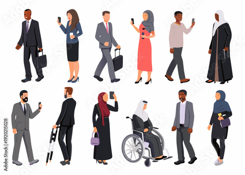 Diverse group of people walking and using smartphones in a city