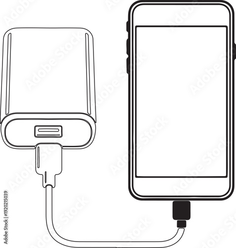 "Power bank charging smartphone vector illustration showing portable charger connected with cable symbolizing mobile energy supply, technology, and digital lifestyle"