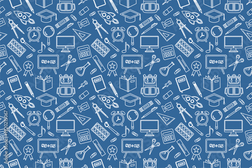 School equipment stationery pattern. School supplies seamless pattern. School attributes seamless pattern. Student accessories repeat background. Back to school banner design. Education doodle pattern