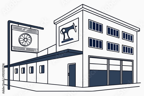 A stylized illustration of a two story building with a sewing machine sign and awning