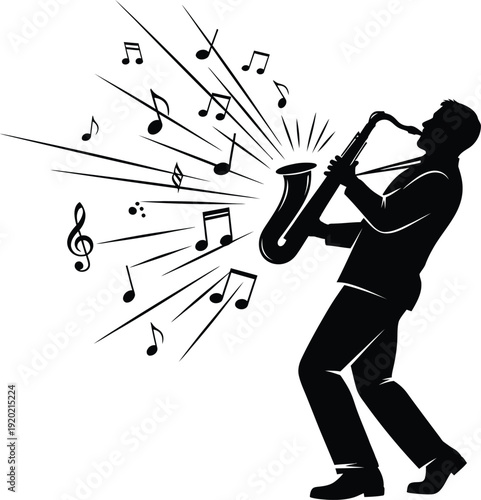Black silhouette of a man playing saxophone with flying musical notes vector. International Jazz day