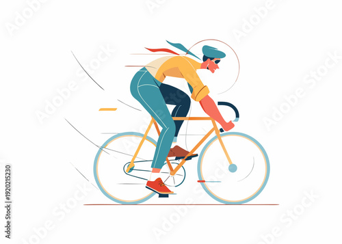 A stylized illustration of a cyclist in motion on a golden bicycle