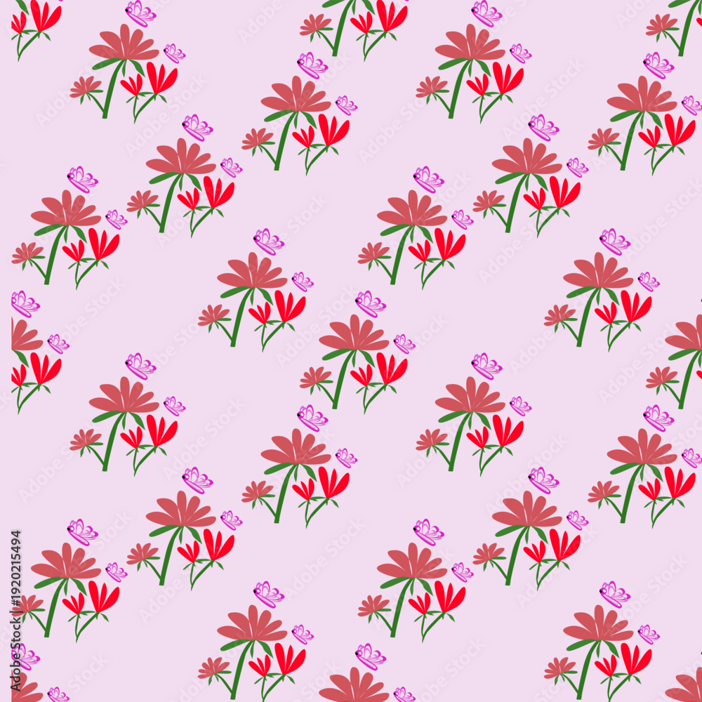 Obraz premium Seamless vector pattern featuring red flowers and pink butterflies on soft pastel background. Cute botanical repeat design for fabric, textile, wallpaper, wrapping paper and surface print.
