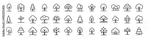 Tree and nature icon set, forest silhouettes, foliage and plant symbols, minimal outline vector illustrations on transparent background