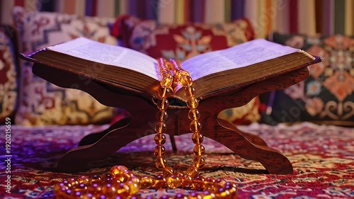 Open Holy Book Quran on Wooden Stand with Prayer Beads on Decorative Carpet, Ramadan and Islamic