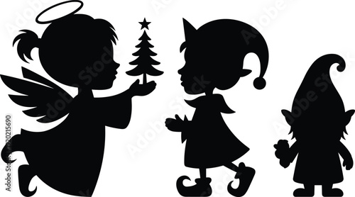 Christmas Angel Elf and Gnome Silhouettes vector illustration