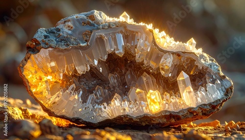 A stunning close-up of a geode revealing sparkling clear quartz crystals illuminated by warm golden light on a textured earthy surface.