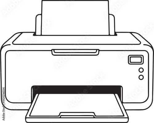 "Printer vector illustration showing paper input and output trays with control buttons symbolizing office equipment, printing, and document management"