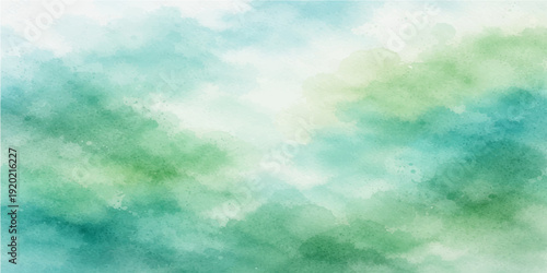 Abstract watercolor painting of a beautiful bright blue sky with white clouds and sunlight over a calm summer sea reflecting the beauty of nature and the clear atmosphere