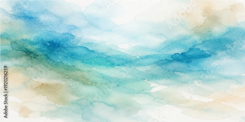 Beautiful abstract watercolor landscape featuring a clear blue sky with white clouds and sunlight over a calm summer sea