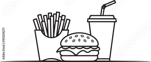 Simple Fast Food Illustration for Kids Activity, Clean Line Art of Junk Food Meal