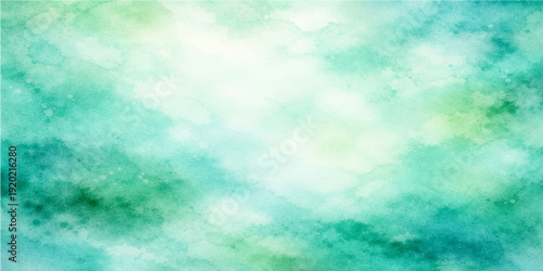 A beautiful abstract watercolor background depicts a bright sunny day with white clouds in a clear blue sky, blending nature and light into a heavenly summer atmosphere