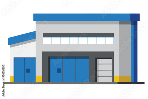 Flat stylized illustration of a modern single story commercial building with blue accents high quality professional