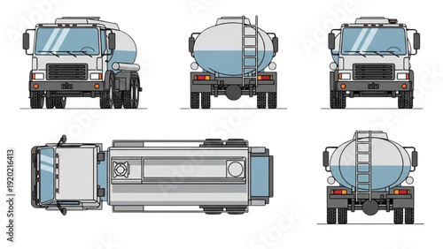 Detailed vehicle autocad blueprint design of a tanker truck from multiple viewpoints showcasing its various angles and features