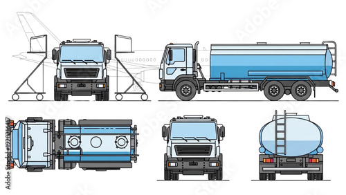 Detailed vehicle autocad blueprint tanker truck viewed from multiple angles showcasing precise technical drawings