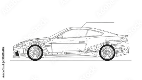 Detailed vehicle autocad blueprint of a sports car profile view