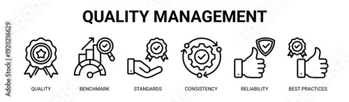 Quality Management web banner icon vector illustration concept with icons of quality, benchmark, standards, consistency, reliability, and best practices.