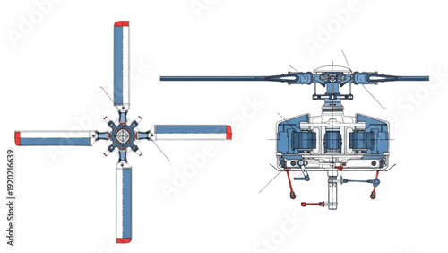 Detailed vehicle autocad blueprint of a helicopter from top and front views showcasing technical design and mechanical components