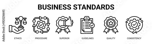 Business Standards web banner icon vector illustration concept with icons of ethics, procedure, superior, guidelines, quality, and consistency.