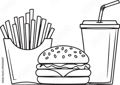 Minimalist Fast Food Coloring Page: Burger, French Fries, and Soda Drink Outline