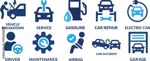 Automotive Services Icons Collection – Vehicle Repair, Maintenance, Safety, and Fuel Symbols
