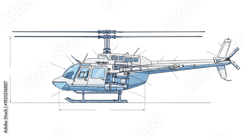 Detailed vehicle autocad blueprint of a helicopter in technical drawing format showcasing precise dimensions and mechanical components in an engineering design