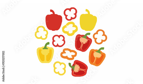 Assorted bell peppers flat vector illustration with sliced and whole paprika vegetables isolated on white background