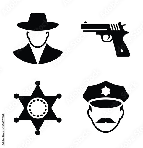 Vector graphic featuring law enforcement symbols and icons in a bold black design