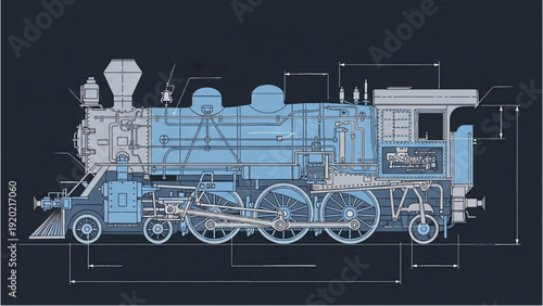 Detailed vehicle autocad blueprint of a vintage train engine with precise measurements and technical specifications